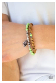 Wonderfully Woodland - Green Wooden Beads - Silver Leaf Charm - Bracelet