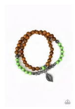 Load image into Gallery viewer, Wonderfully Woodland - Green Wooden Beads - Silver Leaf Charm - Bracelet