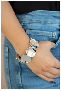 Treasure Cache - Silver - Hammered Shimmer Silver Discs - Stretchy Band Bracelet