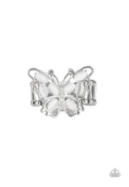 Flutter Flair - White Moonstone - Rhinestone Butterfly - Ring