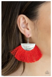Fox Trap - Red - Fringe / Thread - Silver Earrings