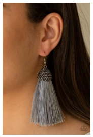 Razzle Riot - Silver / Gray Thread / Fringe / Tassel - Rhinestones - Earrings