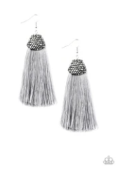 Razzle Riot - Silver / Gray Thread / Fringe / Tassel - Rhinestones - Earrings